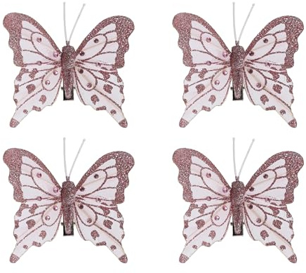 Kaemingk Schmetterling mit Clip 8cm - Deko Schmetterlinge auf Klammer - 4er Set - zum Dekorieren & Basteln - Christbaumschmuck Hochzeitsdeko Frühlingsdeko - Dekoklammern Rosa
