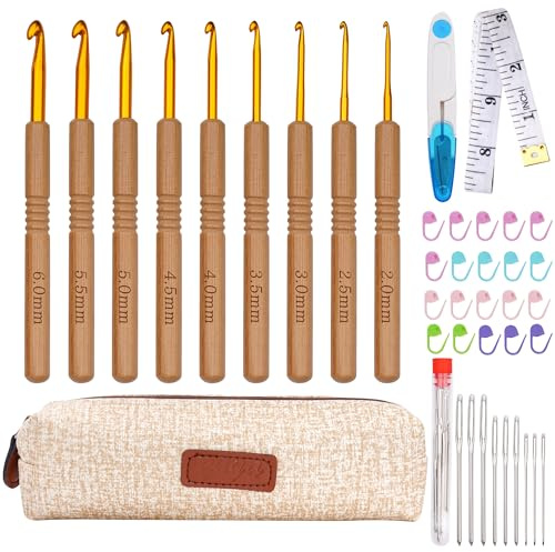 Virknål set med ergonomiskt trähandtag, 9 st. halkfritt garn sticknål set 2,0 mm – 6,0 mm med bärbar väska, praktiskt virknålset för nybörjare