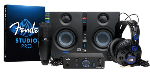 Fender Quantum Komplett-Set | Heimaufnahme-Studio-Kit mit USB-C LT 2 Audio-Schnittstelle, M7 MkII Kondensatormikrofon, HD7-Kopfhörer, Eris 3.5-Monitore, Fender Studio Pro, Anfänger Studio Bundle