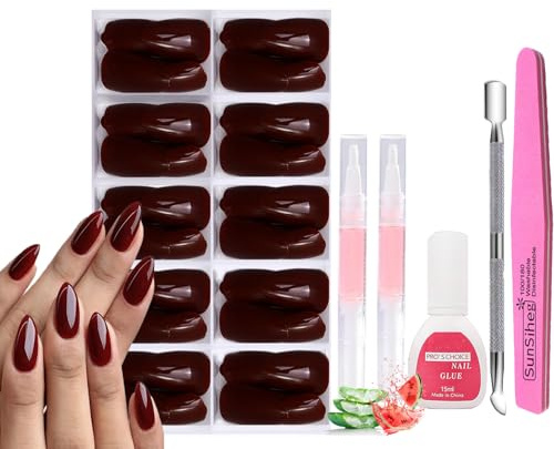 120 Pcs Wine Red Almond Fake Nails Kit, Press on Nails Medium Length | 12 Sizes False Nails Kit with Nail Glue, File,Cuticle Pusher & 2 Nail Serums, Long Lasting Christmas Manicure Set
