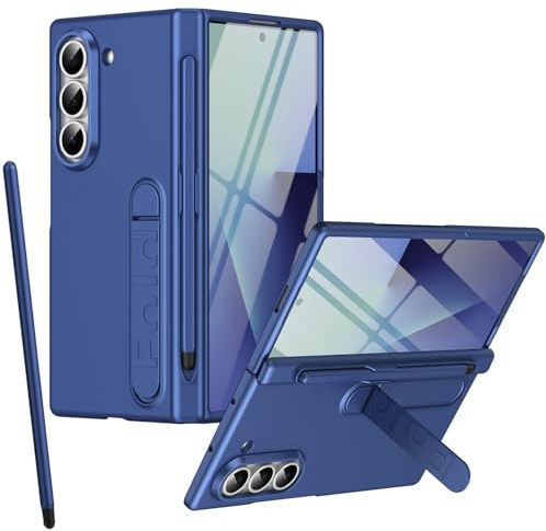 Custodia con supporto per Samsung Z Fold 6, Pellicola protettiva, Protezione Cerniera, Portapenne, Cover con pieghevole supporto per Samsung Galaxy Z Fold6 e penna stilo-Blu scuro