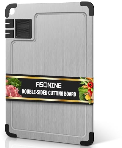 Planche à Découper en Acier Inoxydable 316, Planche à Découper Double Face de Qualité Alimentaire avec aiguiseur de couteaux intégré, rainure à jus et coins en silicone antidérapants