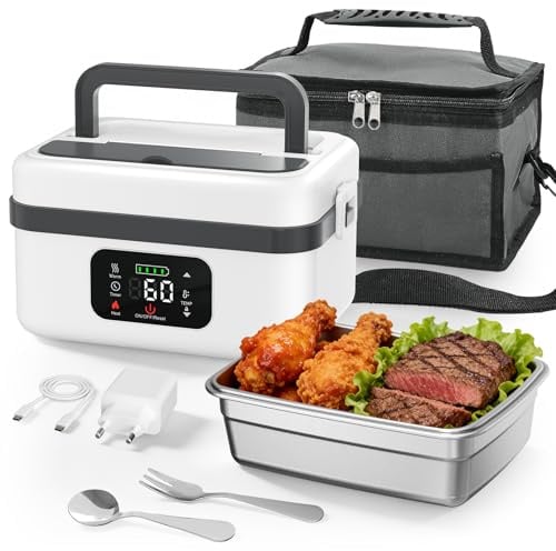 Scaldavivande Elettrico Portatile 1L con Temperatura e Tempo Regolabili, 60 W, Display LED Scaldavivande Portatile con Cucchiaio Forchetta & Borsa Termica per Ufficio Viaggio Esterno (bianco e grigio)