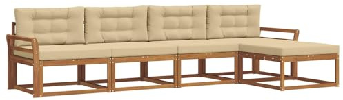 vidaXL Outdoor-Sofagarnitur mit Kissen 5 pcs Natur und Beige, Outdoor-Möbel-Set, modernes Patio-Sofa, wetterfestes Lounge-Set, Latten-Sofa, modulares Sofa