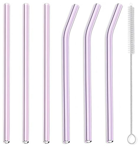Reusable Glass Straws 6-Pack – 3 Straight & 3 Bent with Cleaning Brush, Eco-Friendly Drinking Straws for Smoothies, Juice, Water, Hot or Cold Drinks(Pink)