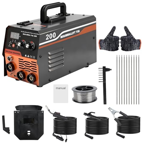 Máquina de Soldadura MIG, 20-200 A Máquina de Soldar con Alambre Tubular sin Gas, Soldador Inverter MIG/MMA/LIFT TIG 3 en 1 Portátil con IGBT Inversor, Pistola de Soldar, Pantalla LED, Alambre de 1mm