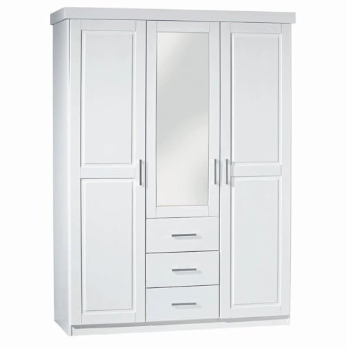 AltoBuy Alaska - Armoire 3 Portes 1 Miroir Bois Massif Vernis Blanc
