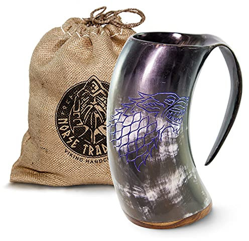 Norse Tradesman Genuine Viking Drinking Horn Mug - 900 ml Premium Beer Tankard with Super-Reinforced Hardwood Bottom and Game of Thrones Direwolf Engraving | The Fenrir, High Polish, approx. 2 Pints