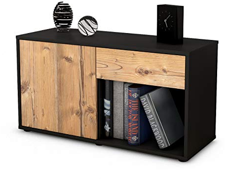Stil.Zeit TV Schrank Lowboard Alberina, Korpus anthrazit matt, Front Holz Design Pinie (92x49x35cm), Push to Open Technik & Leichtlaufschienen