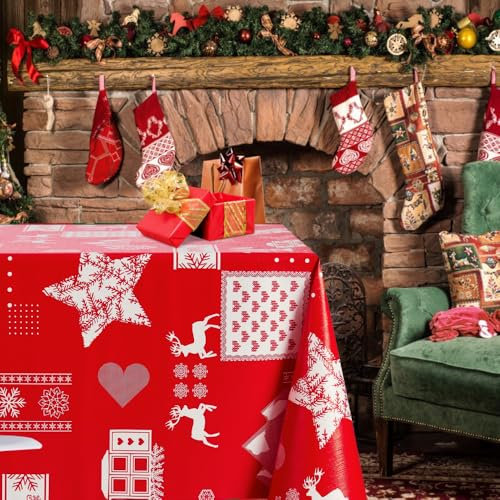 KP HOME Vinyl Tischdecke Weihnachtliche Muster Rechteckige 200x140 Abwaschbar Rote Scandic Wachstuchtischdecke Wasserabweisend Wachstuch Pflegeleicht Wachstischdecke PVC Rentiere Tischdecke 140x200