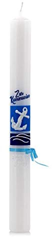 Kommunionkerzen Jungen Anker 400 x 40 mm, mit Namensverzierung aus hochwertigen Wachsbuchstaben und Sichtkarton