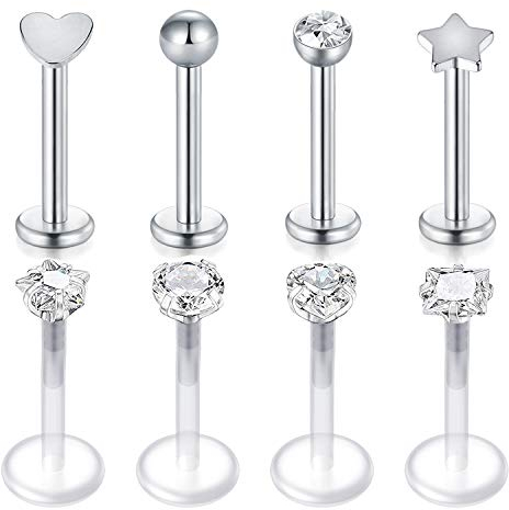 MODRSA 16G Tragus Piercing Chirurgenstahl & Acryl Lippenpiercing Bioflex Durchisichtig Retainer Labret Helix Cartilage Ohr Piercing CZ Inlaid 8 Stück - Silber