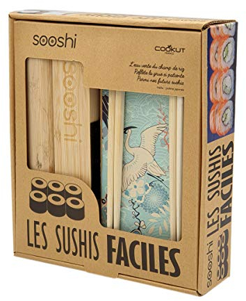 COOKUT - Coffret SOOSHI - Kit pour préparer de Magnifiques makis Sushi Super Facilement avec Appareil en Bambou, Baguettes et Livre de Recettes