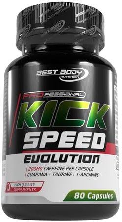 Best Body Nutrition Kick Speed Evolution Koffein Kapseln 80 Stück – 200mg Caffeine mit Guarana, L-Tyrosin, Taurin & Vitamin B Komplex – Vegan – Für mentale Leistung & Fokus – Pre Workout Supplement