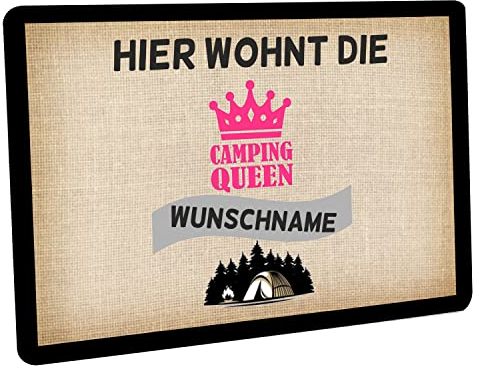 Crealuxe Fussmatte mit Wunschtext/Wunschname - Hier wohnt der Camping Queen - 60x40 cm - Gummi Rückseite/rutschfest - Filzoberfläche - Bedruckte Türmatte - Innenmatte - Schmutzmatte