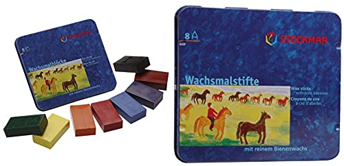 Stockmar 204884258 Wachsmalblöcke (8 Blöcke, wasserfest, aus Bienenwachs, im Blechetui) & FBA_31000 Wachsmalstifte (8 Stifte, wasserfest, papergewickelt, aus Bienenwachs, im Blechetui)