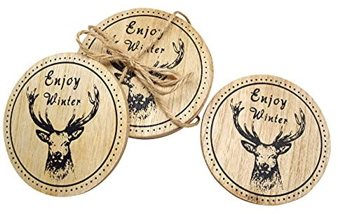 6er Set Untersetzer Hirsch | Enjoy Winter | Glasuntersetzer aus Holz | 10 cm