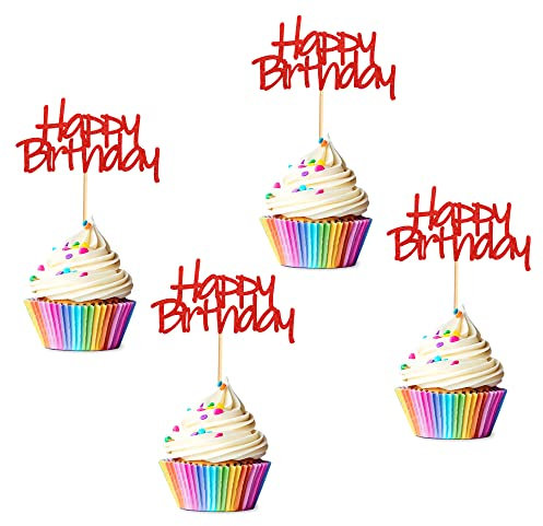 Arthsdite 24pcs Happy Birthday Cupcake Toppers Pre-Assembled Red Glitter Cake Food Fruit Picks for Celebrating Birthday Party Decoration Supplies
