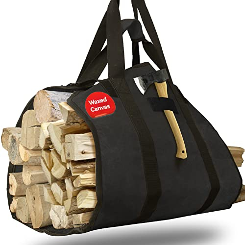 Cupohus Sac de transport de bois de chauffage extra large 2 en 1 en toile cirée 111,8 x 58,4 cm, sac fourre-tout robuste avec poignées et bandoulière pour cheminée intérieure, poêle à bois, camping en