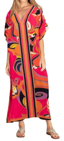 Bsubseach Femme Caftan Robe Cache Maillot de Bain Kaftan Maxi Longue Tunique Bohème Boho Eté Djellaba Kimono Rose Rouge