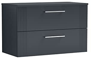 nuie DPF1495W Deco Modern Bathroom Wall Hung 2 Drawer Part Fluted Vanity Basin Unit with Worktop, 800mm, Soft Black
