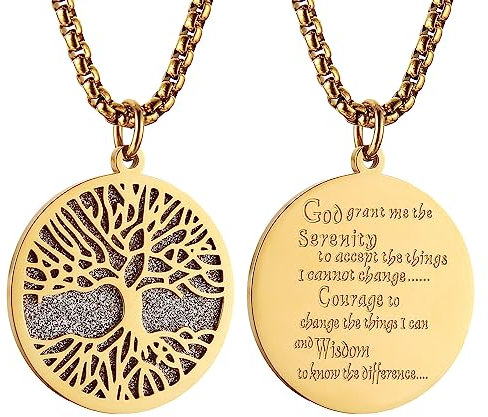 HZMAN Stainless Steel Gold Silver Tree of Life Serenity Prayer Necklace Pendant Zircon Inlaid for Men Women Jewelry Gift (Gold)