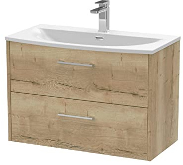 Hudson Reed JNU1826G Juno Modern Bathroom Wall Hung 2-Drawer Vanity with Curved Ceramic Basin, 800mm, Woodgrain Autumn Oak