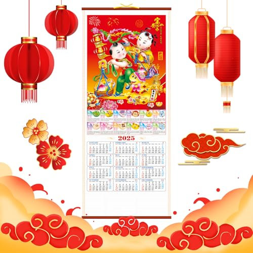 Chinesischer Neujahrskalender 2026 Jahr des Pferd Wandkalender 福 Chinesischer Monatskalende 金童玉女 Zodiac Animals Chinesisch Kalendarien Hängender Kalender Heimdekoration für 2026 Neujahr Home Office