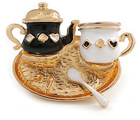 Black/White Enamel Teapot Teacup and Spoon on The Tray Dimentional Brooch in Gold Tone/Cartoon Style - 35mm Across