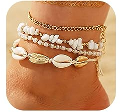 Jovono Boho-Fußkettchen, mehrlagiges Muschel-Armband, goldfarbene Perlen und Muschel-Fußketten, Fußkette, Fußkette, Strand, verstellbar, 4 Stück, für Damen und Mädchen