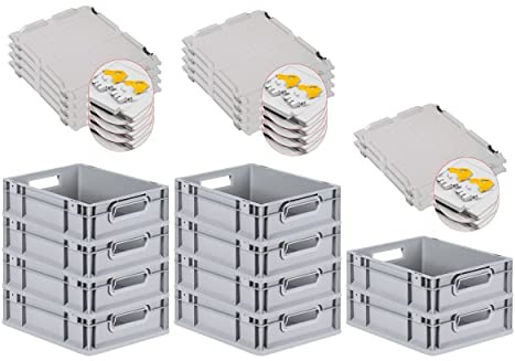 PROREGAL SuperSparSet 10x Eurobox NextGen Grip mit Scharnierdeckel und gelben Schiebeschnappverschlüssen, HxBxT 12x30x40cm, 11 L, Grau, Griffe offen, Eurobehälter, Transportbox