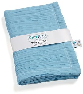 pic Bear Babydecke aus 100% Musselin-Baumwolle, 70x100 cm – Weich, hautfreundlich & vielseitig für Zuhause und Unterwegs (airy Blue)