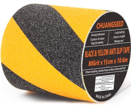CHUANGSEED Nastro adesivo antiscivolo nero e giallo, 15 cm x 10,6 m, per scale, gradini, per interni ed esterni