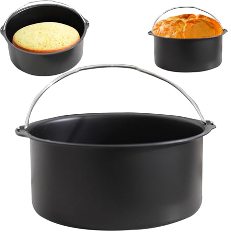 Air Fryer Cake Tin, 8inch Carbon Steel Air Fryer Cake Pan with Handle, Heat Resistant Air Fryer Baking Pan, Cake Barrel Cake Basket Air Fryer Accessories