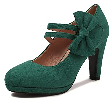 elerhythm Damen Mary Jane Heels mit Schleife Retro Geschlossene Runde Zehe Pumps Wildleder Chic Fliege Vintage Gatsby Schuhe (Green EU39)