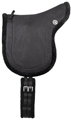 PFIFF 103004 Reitpad, Bareback Pad, baumloses Reitkissen aus Velourleder und Kunstfell, Sattelkissen inkl. Sattelgurt, Schwarz, Full