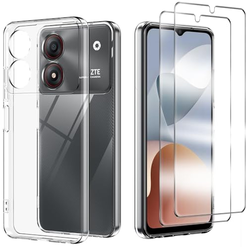 Cover Compatibile per ZTE Blade A34 con 2 Pellicola Vetro Temperato, Morbido Silicone ed Antiurto Protettivo Bumper TPU Gel Smartphone Custodia Case - Trasparente