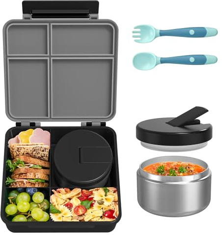 Lonchera Bento con termo de sopa de 8 onzas, recipientes de almuerzo a prueba de fugas con 4 compartimentos, tarro térmico de alimentos calientes y bolsa de almuerzo aislada para la escuela, color