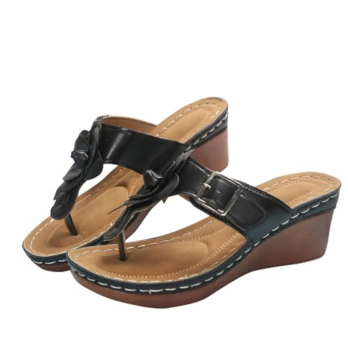 Stivali invernali con zeppa nascosta per donna moda retrò in pelle solida fiore decorativo punta aperta suola spessa sandali con zeppa da donna in memory foam, Nero , 39.5 EU
