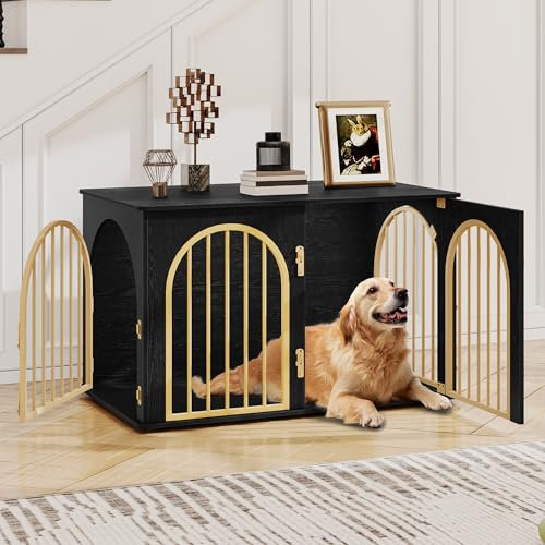Hzuaneri Hundekäfig Möbel, 100cm Hundebox für Zuhause, 3 Türen, Bogentür, Moderne Hundebox Indoor für Hunde, Beistelltisch, Hundekäfig Hochbelastbar, 60 x 100 x 63 cm, Schwarzes Gold DFC84104A