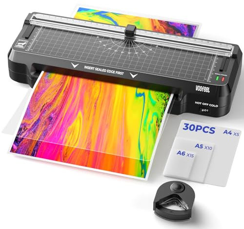 Laminiergerät Heiß-Kalt Dualmodus Laminiergerät A4 mit Cutter und Abgerundeten Ecken Laminiermaschine mit Anti-Stau Funktion und 30 Laminierfolien Für Büro, Zuhause, Schule