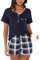 Yukiuiny Pyjama Femme Ensemble Coton Plaid Vêtement d'Intérieur Tee Shirt Manches Courtes Col V Boutons Vêtement de Nuit Pantalons de Pyjama Printemps Été Douce Confortable B-Bleu Marine+Carreaux XL