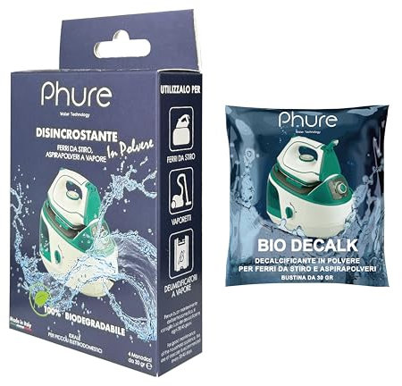 PHURE Descalcificador para planchas, aspiradoras, deshumidificadores en polvo monodosis, pequeños electrodomésticos, compatible con todas las marcas, 100% biodegradable, ecológico, fabricado en