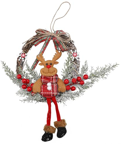 ENLACE Weihnachten Deko Türkranz, 35cm Weihnachtskranz Elch für die Haustür, Weihnachtskranz Elch Rattan Kranz, Weihnachten Kranz Dekorationen für Haustür, Fenster, Wand Hängende Deko