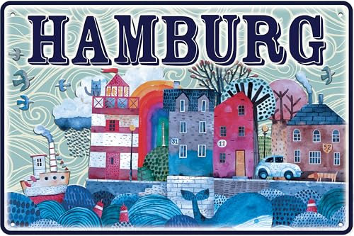 Deko Blechschild für Hamburg Fans, Liebhaber, Souvenir, Tourismus, Erinnerung, Sehenswürdigkeit, Geschenk Schild, 20 x 30 cm (Hamburg 1)