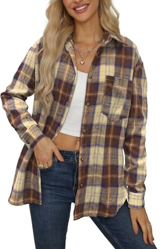 NONSAR Chemisier à Carreaux pour Femme - Boutonnière - Manches Longues - pour la fête de la bière - Tunique décontractée - Col en V - en Flanelle, Plaid03-braun, L
