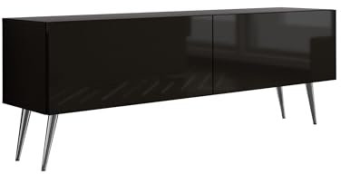 3E 3xE living.com Meuble TV : Deux Portes, Deux étagères, Couleur : Noir Mat/Noir Brillant, Pieds chromés, D : L : 140 cm, H : 52 cm, P : 32 cm