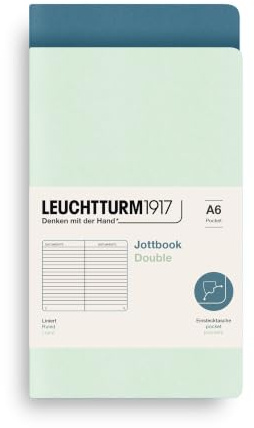 LEUCHTTURM1917 Jottbook A6, Liniert, 2er-Set Mint Green & Stone Blue | 59 nummerierte Seiten, Fadenheftung, 32 heraustrennbare Seiten, Inhaltsverzeichnis, Einstecktasche im Einband