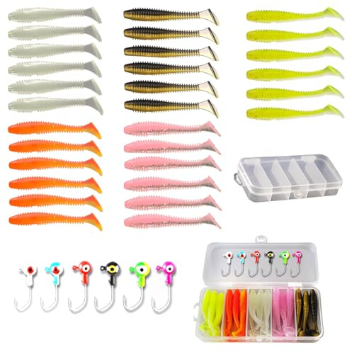 Xiciki 36 Pcs Fishing Lure Kit with Jig Heads & Hooks, Perch Lures, Soft Plastic Grubs for Bass Crappie Trout Perch in Freshwater and Saltwater