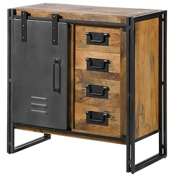 MASSIVMOEBEL24.DE Kommode Mango 90x45x90 Natur lackiert Blackburn, Farbe:Natur lackiert/Metall grau, Größe:90x45x90 cm (BxTxH)
